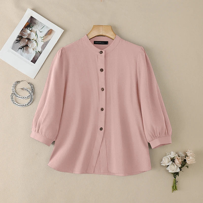 ZANZEA Women's Summer Cotton Shirts Minimalist Stand Collar 3/4 Puff Sleeve Button Up Tops Casual Loose Breathable Chemise Femme