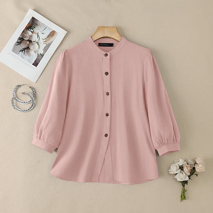 ZANZEA Women's Summer Cotton Shirts Minimalist Stand Collar 3/4 Puff Sleeve Button Up Tops Casual Loose Breathable Chemise Femme