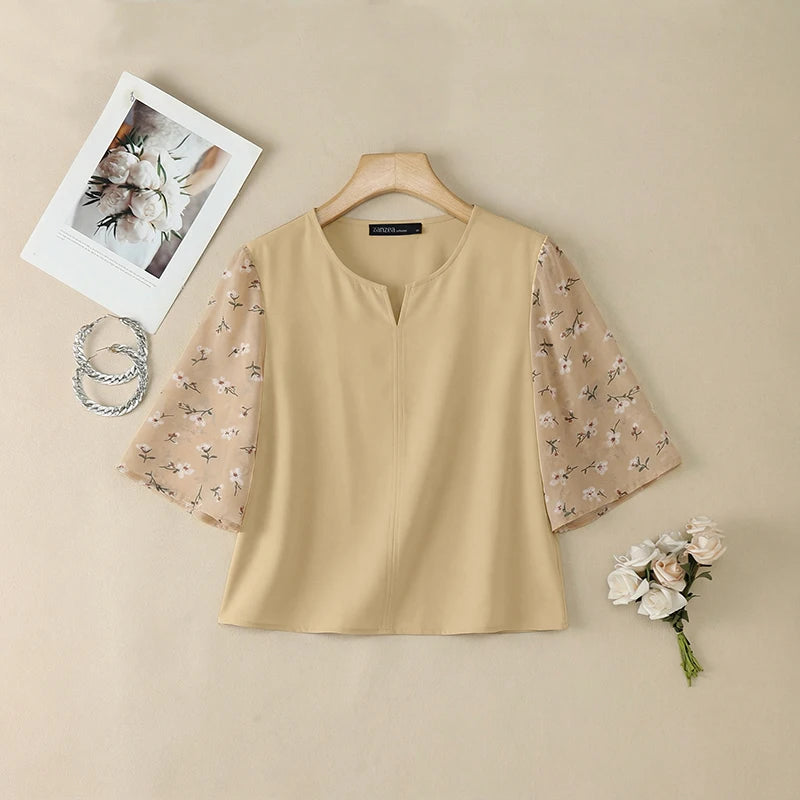 ZANZEA Women's Elegant Floral Chiffon Patchwork Blouses V-Neck 3/4 Sleeve Loose Tops 2026 Summer Daily Casual Blusas de Mujer