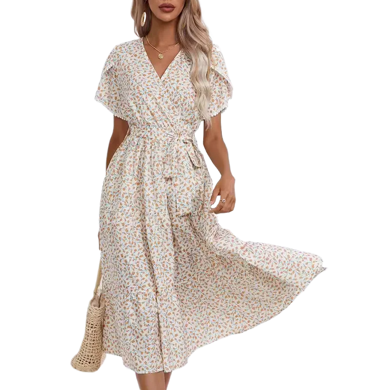 Women's Retro Floral Lace-up Short Sleeves Dresses 2025 Summer New Casual Vacation Ladies Lace V-neck Slit A-line Midi Dress