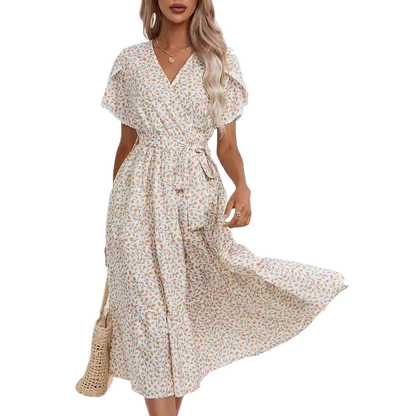 Women's Retro Floral Lace-up Short Sleeves Dresses 2025 Summer New Casual Vacation Ladies Lace V-neck Slit A-line Midi Dress