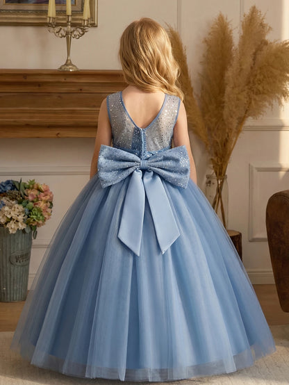 Girl Party Dress Pink Long-style Evening Dress with Large Bow V-neck A Magnificent Evening Dress, Birthday Party, Ball, Banquet