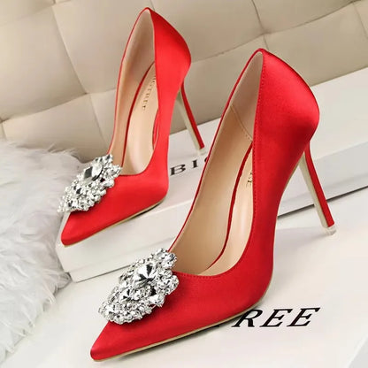 BIGTREE Women Heels Metal Rhinestones Woman Pumps Wedding Shoes High Heels Shoes Gold Silver Sexy Party Shoes Large size 42 43
