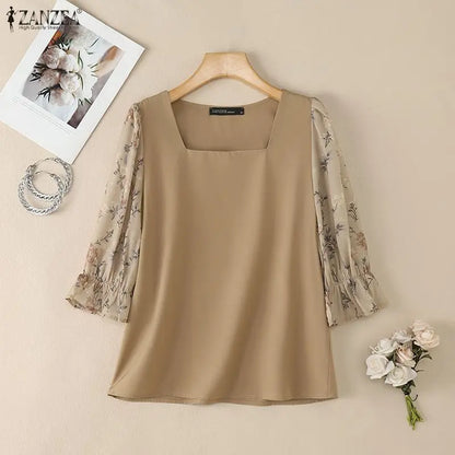 ZANZEA Women Elegant Floral Printed 3/4 Puff Sleeve Blouses Square Neck Patchwork Pullover Tops Summer Casual Blusas de Mujer