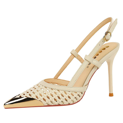 BIGTREE Fashion Hollow Woven Slim Heel Sandals Women Shoes Summer Advanced Metal Pointed High Heels Women Pumps Stiletto 8.5 cm