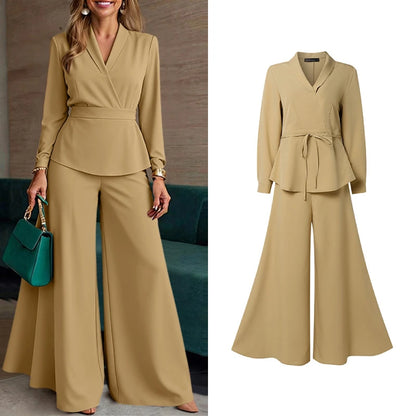 ZANZEA Plus Size Women's Minimalist Pant Suits Wide Leg Flared Pant & Long Sleeve Blouse 2pcs Sets Casual Loose Sets Outfits 5XL