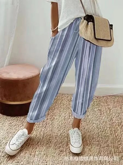 Women's Solid Color Printed Stripe Pants Wide Leg Pants Elastic Pocket Slim Fit Commuter Style Summer 2024