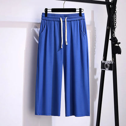 155Kg Plus Size Women's Summer Loose Straight High-Waisted Ice Silk Cropped Pants Hip 150 5XL 6XL 7XL 8XL 9XL 4Colors