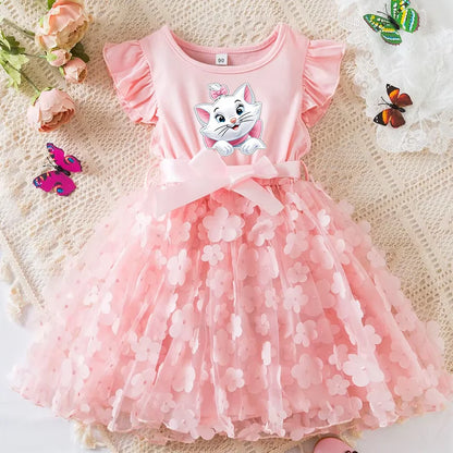 Marie Cat Girls Summer Dress Cartoon Bow Tutu Dress 3D Butterfly Cute Cotton Party Casual Dress for Baby 2-6 Years