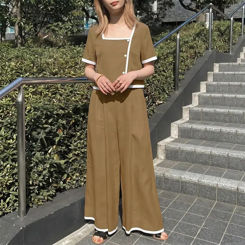 2026 Summer Short Sleeve Blouse Pant Sets ZANZEA Fashion Women 2 Pieces Sets Casual Patchwork Work Outfit Wide Leg Trousers Suit