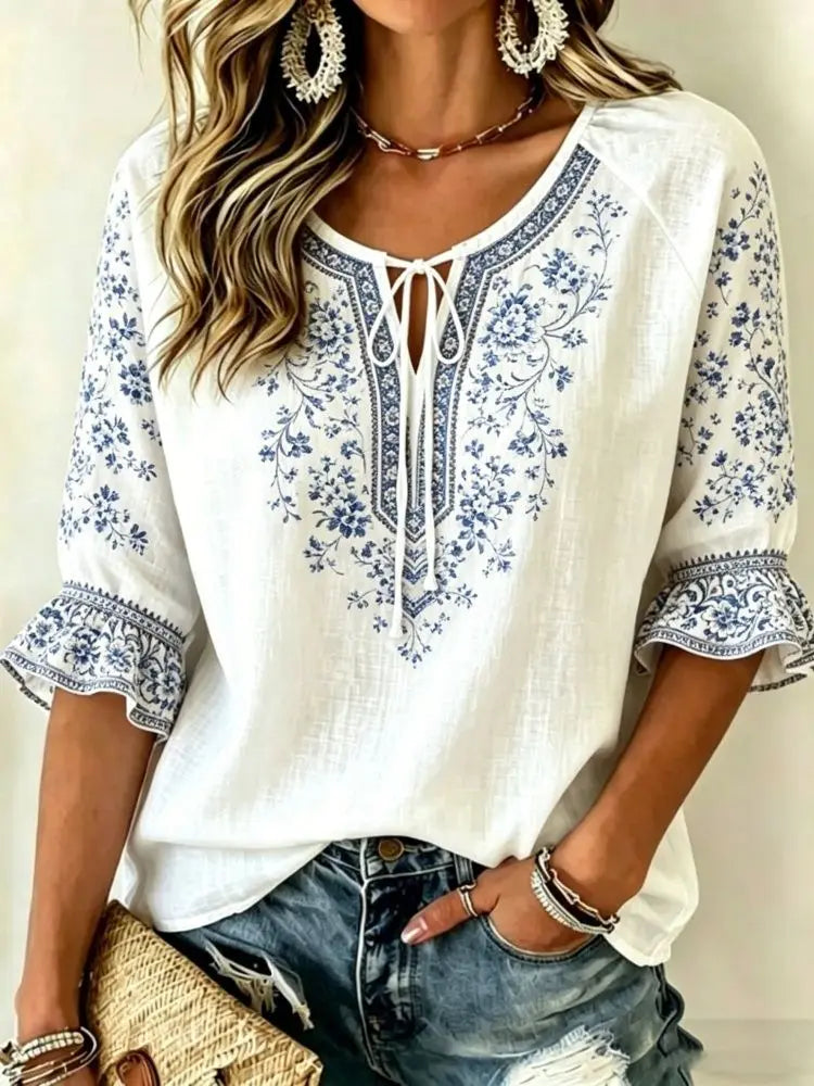 Women's White Colorful Floral Embroidered Tie Neck Blouse, Casual Loose Tops for Spring Summer Daily Wear & Vacation Occasions