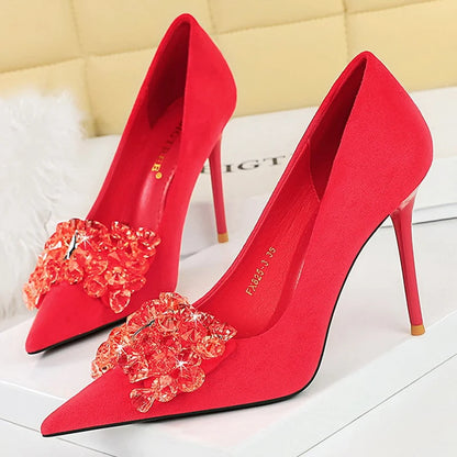 BIGTREE Shoes 2026 Rhinestone Women Pumps Bowknot High Heels Luxury Gemstone Banquet Shoes Stilettos Heels 9 Cm Ladies Shoes