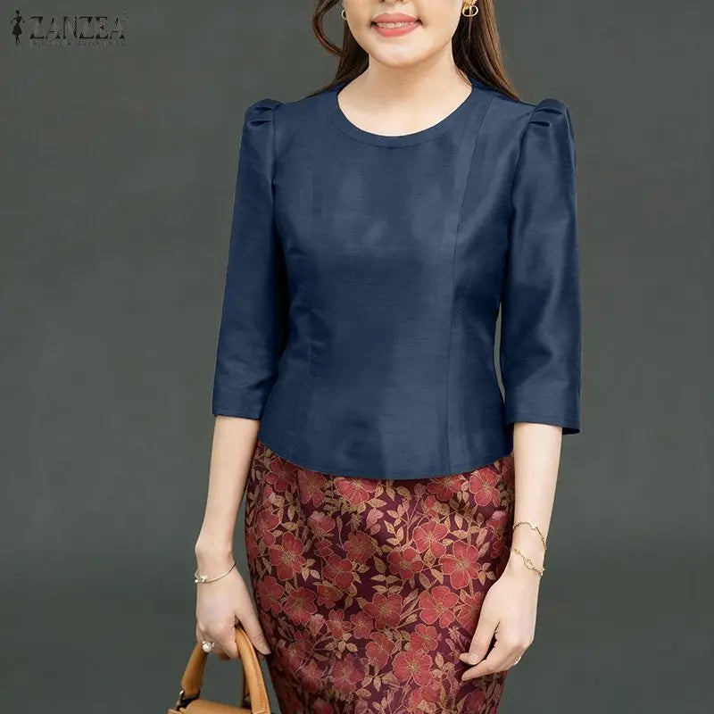 ZANZEA Women's Elegant Satin Blouses Retro O-Neck 3/4 Sleeve Back Zipper Slit-Fit Short Tops 2026 Spring Summer Woman Clothes