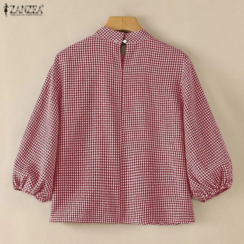 ZANZEA Vintage Gingham Pleated Blouses Woman Mock Neck 3/4 Lantern Sleeves Loose Tops 2026 Autumn Casual Daily Wear Blusas Mujer
