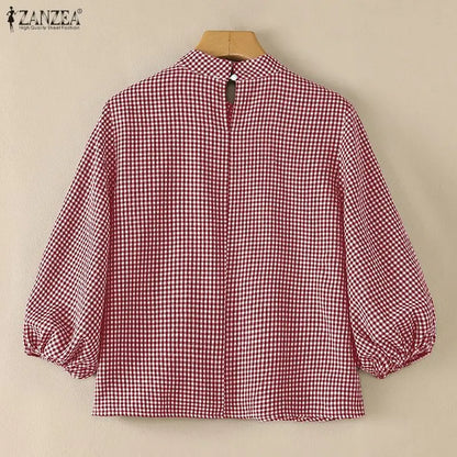 ZANZEA Vintage Gingham Pleated Blouses Woman Mock Neck 3/4 Lantern Sleeves Loose Tops 2026 Autumn Casual Daily Wear Blusas Mujer