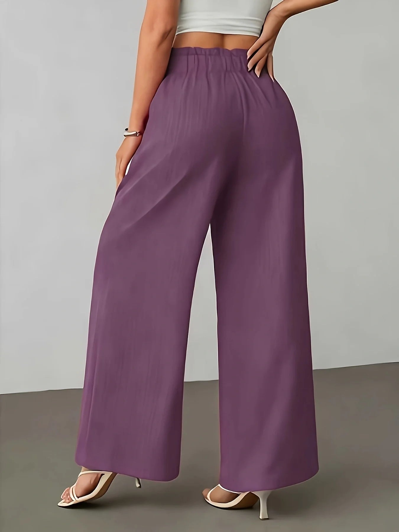 Purple Tie-Waist Wide-Leg Pants, Textured Crinkle Fabric, High-Waist Ruffle Edge Casual Trousers