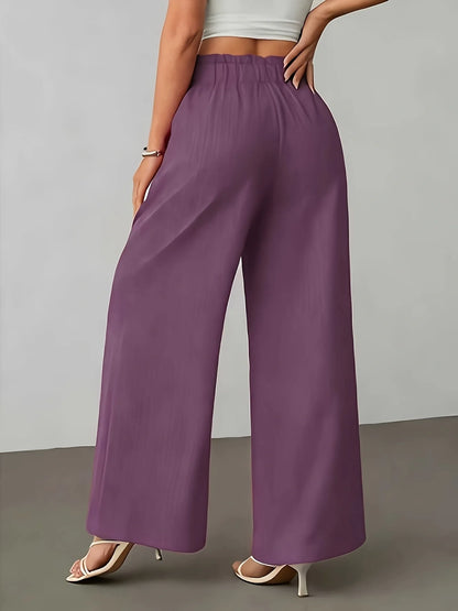 Purple Tie-Waist Wide-Leg Pants, Textured Crinkle Fabric, High-Waist Ruffle Edge Casual Trousers
