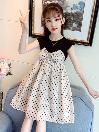 Sweet Polka Dot Midi Dress for Baby Girls Summer Clothes Girl's Elegant Dresses Children 7 8 Years Women's Cotton Linen 9 10 Kid