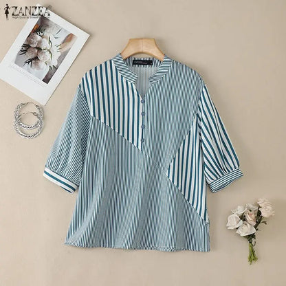 ZANZEA Casual Striped Patchwork Blouses for Woman Stand Collar Half Puff Sleeve Day Wear Tops Summer 2026 Loose Blusas de Mujer