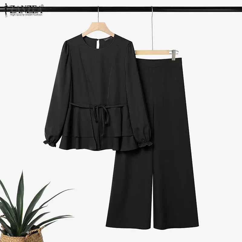 ZANZEA Women Muslim 2 Piece Sets Summer O Neck Long Sleeve Ruffled Hem Blouse Wid Leg Pants Sets Ramadan Outfits Hijab Tracksuit