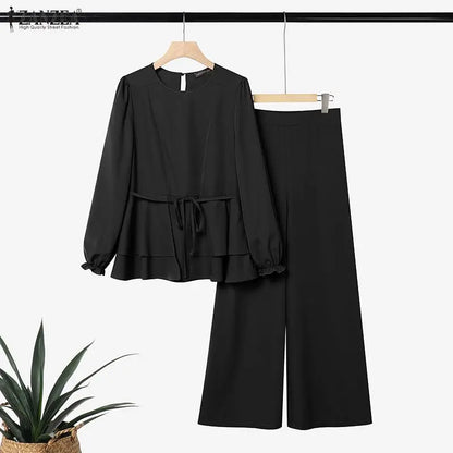 ZANZEA Women Muslim 2 Piece Sets Summer O Neck Long Sleeve Ruffled Hem Blouse Wid Leg Pants Sets Ramadan Outfits Hijab Tracksuit