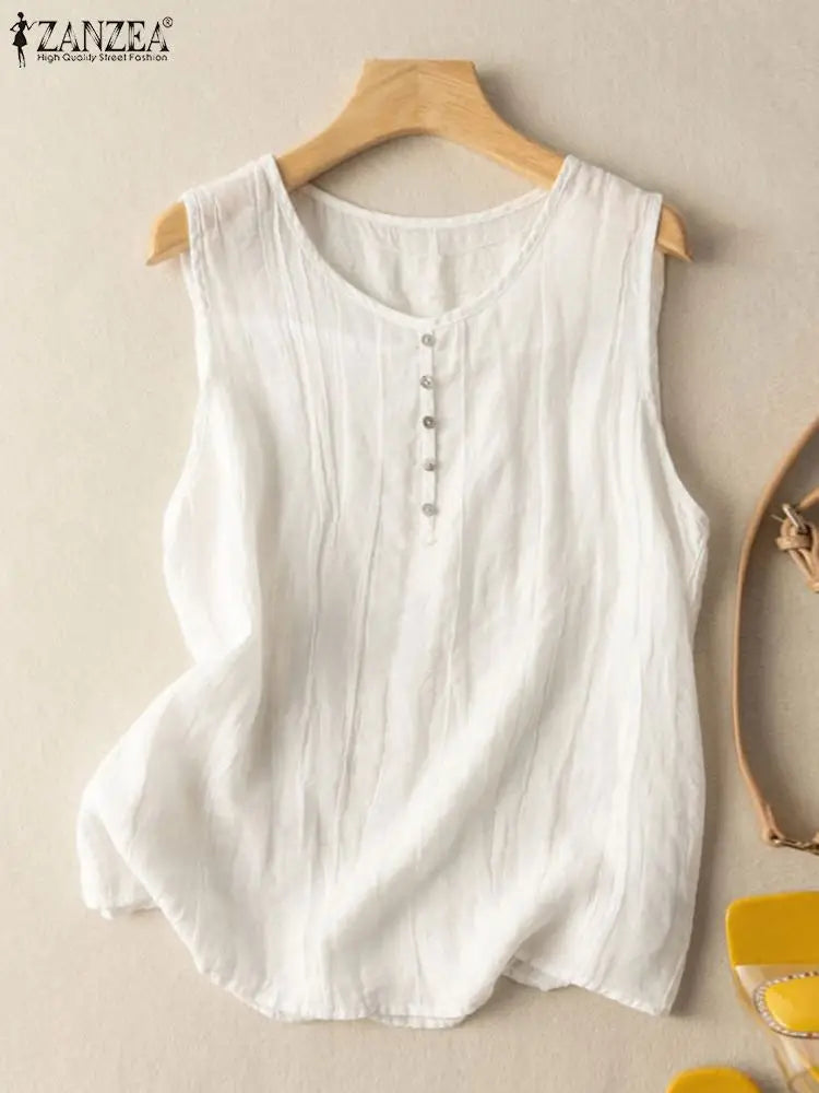 ZANZEA Summer Tank Tops Woman Fashion Sleeveless Blouse O-Neck Solid Color Button Shirt Female Casual Holiday Blusas Mujer 2023