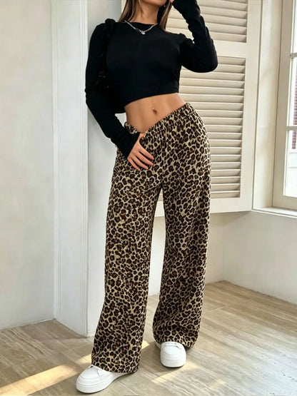 Y2K Womens Leopard Print Wide Leg Casual Pants Stretchy Fashion Retro Soft Straight Leg Leggings New Street Cool Feeling Bottoms