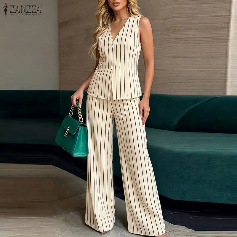 ZANZEA Summer Women Striped Matching Sets Sleeveless Vest Top & Wide Leg Pant 2 Piece Suits Office Commute Pant Sets Outfits