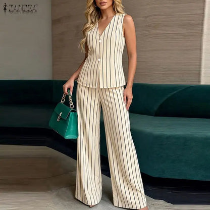 ZANZEA Summer Women Striped Matching Sets Sleeveless Vest Top & Wide Leg Pant 2 Piece Suits Office Commute Pant Sets Outfits