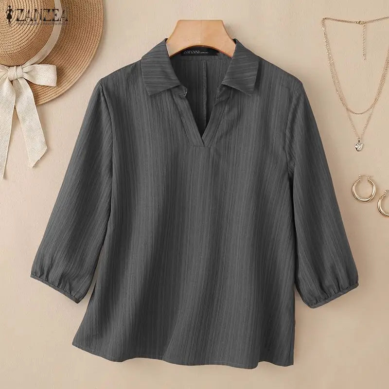 ZANZEA 2026 Summer Woman Textured Blouses Turn-Down Collar 3/4 Puff Sleeve Solid Color Pullover Tops Daily Casual Blusas Mujer