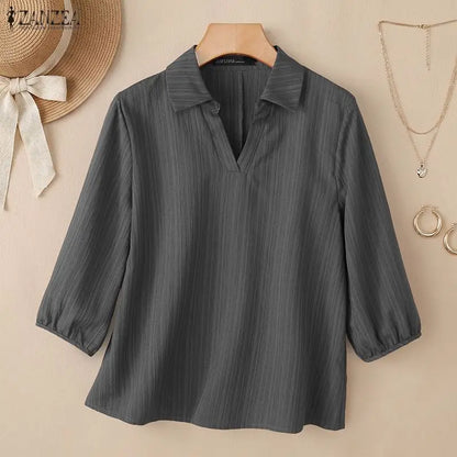 ZANZEA 2026 Summer Woman Textured Blouses Turn-Down Collar 3/4 Puff Sleeve Solid Color Pullover Tops Daily Casual Blusas Mujer