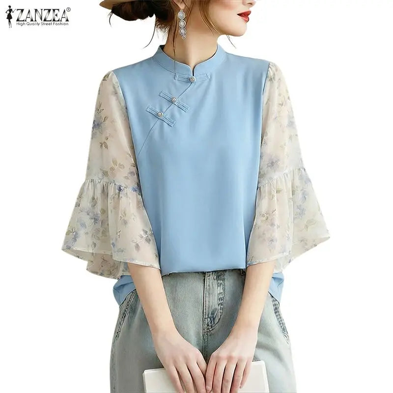 ZANZEA Woman Elegant Blouses Vintage Mandarin Collar Floral Printed 3/4 Flare Sleeve Tunic Tops Summer Patchwork Blusas de Mujer