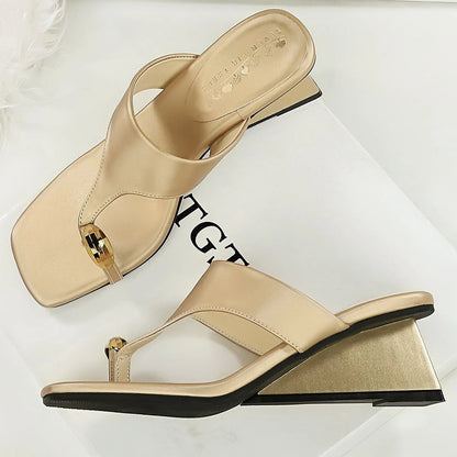 BIGTREE Shoes Wedge Heels Women Shoes Metal Buckle Square Head Flip-flops Summer Women's Sandals Satin Women Pumps Fashion
