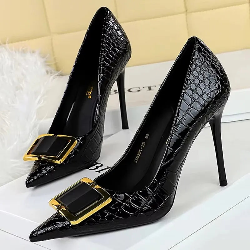 BIGTREE Shoes Women 10 Cm Metal Belt Buckle Ladies Pumps Women Luxury Banquet Shoes Stilettos High Heels Women Sexy Party Shoes