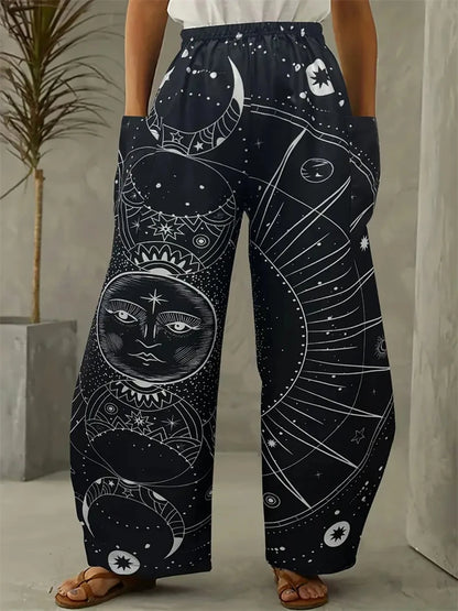 Women's Fashion New Wide-legged Pants Elegant 3d Sun, Moon And Star Printed Pants Women's Street Vintage Pants With Pockets
