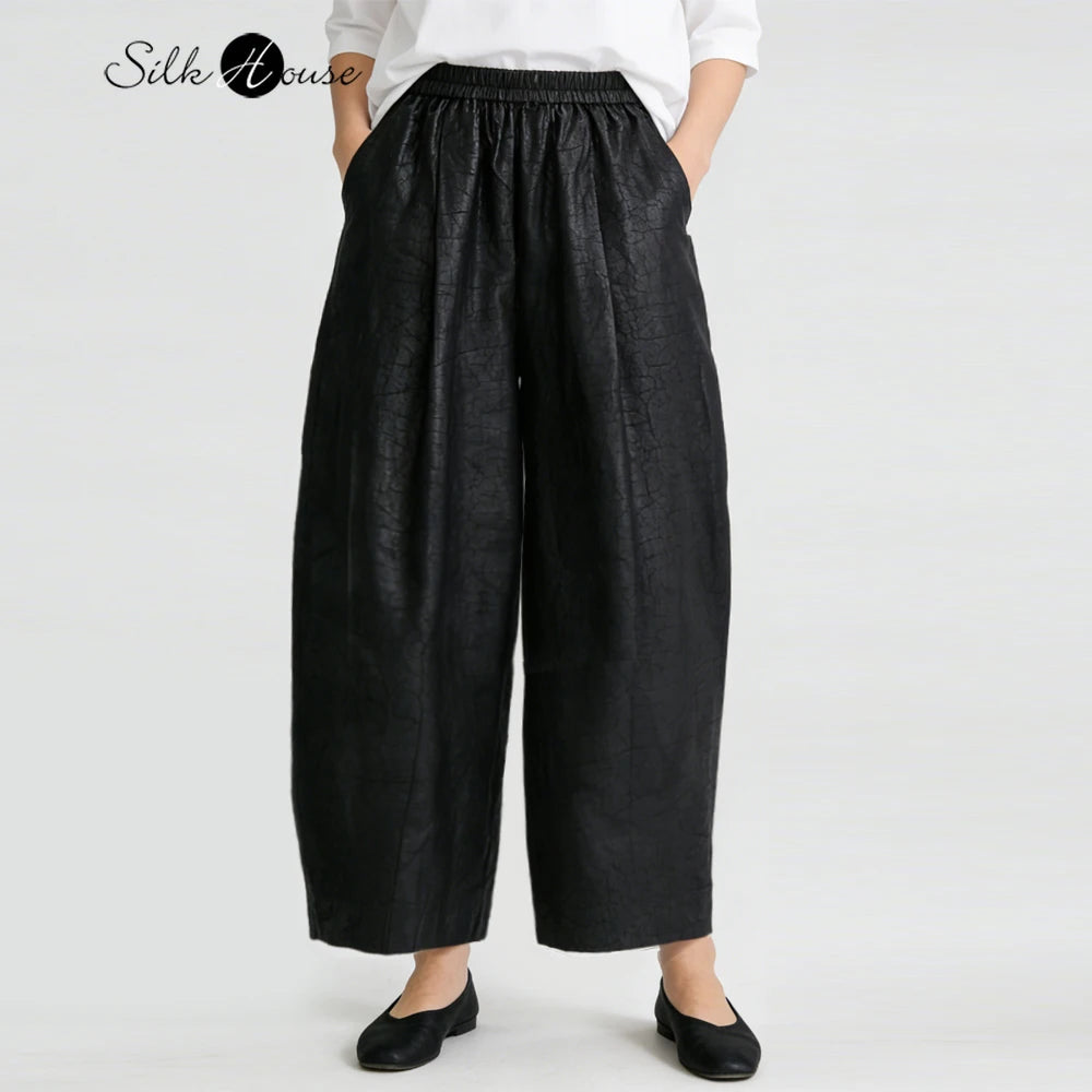 Plus Size Simple Black 100% Natural Mulberry Silk Fragrant Cloud Silk Turtle Crack Temperament Versatile Loose Wide Leg Pants