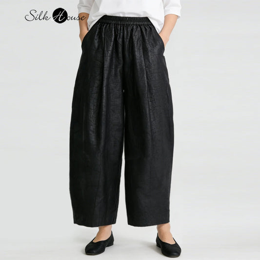 Plus Size Simple Black 100% Natural Mulberry Silk Fragrant Cloud Silk Turtle Crack Temperament Versatile Loose Wide Leg Pants