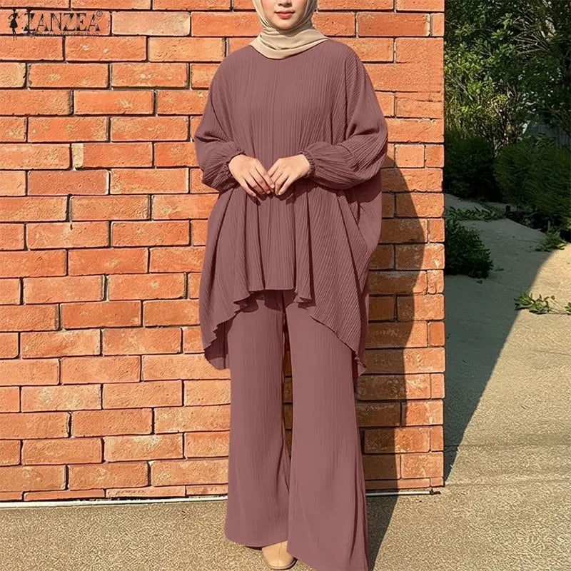 ZANZEA Muslim Women 2 Pieces Outfits Casual Full Sleeve Long Tops Wide Leg Pant Sets Abaya Suit Hijab Tracksuit Matching Sets
