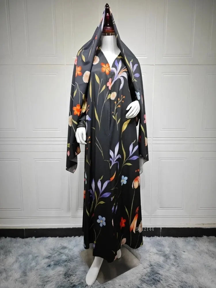 Eid Scarf Abaya Women 2 Piece Set Elegant Muslim Jalabiya Long Cardigan Dress Dubai Style Morocco Caftan for Ramadan Party Arab