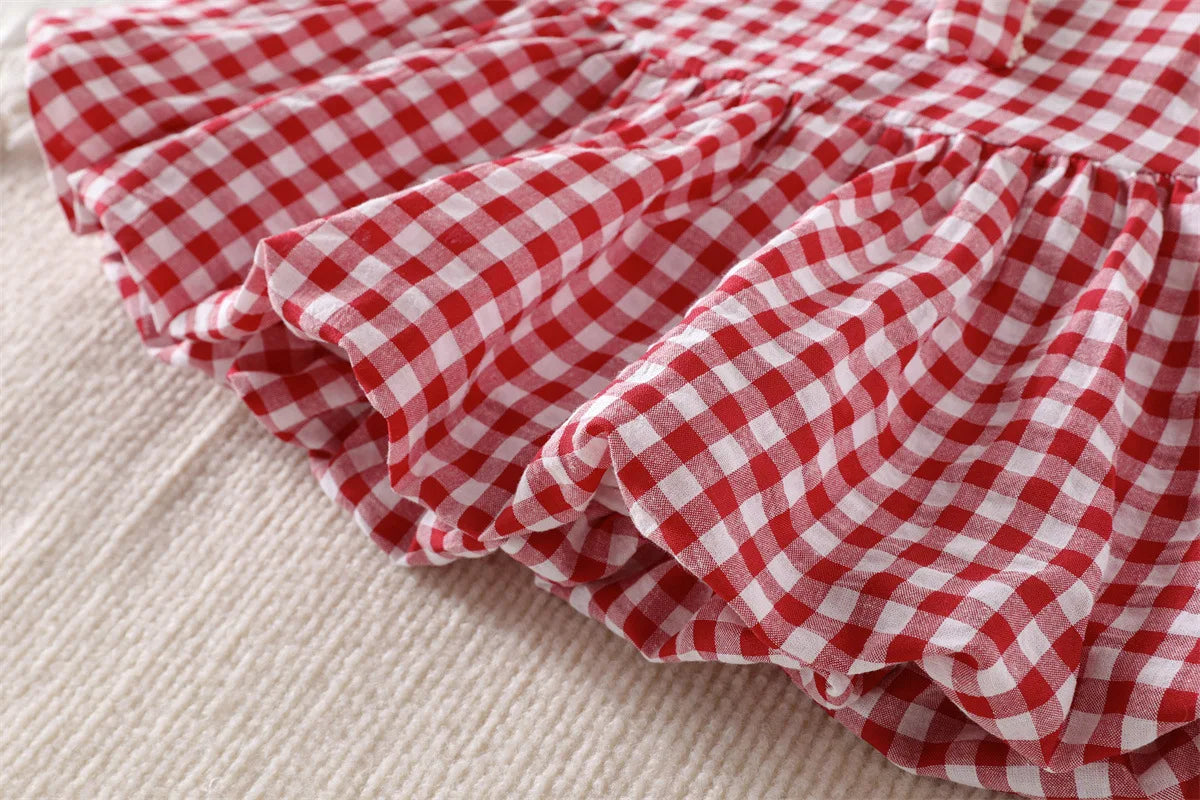 2026 New Summer Cute Children A-Line Dress Red White Plaid Girls Large Bow Sleeveless Dress Peter Pan Collar Clothes