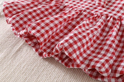2026 New Summer Cute Children A-Line Dress Red White Plaid Girls Large Bow Sleeveless Dress Peter Pan Collar Clothes