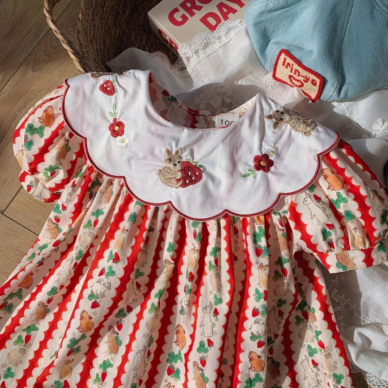 2025Girls' Summer New Floral Turn-down Collar Rabbit Embroidered Puff Sleeve Sweet Princess Dress