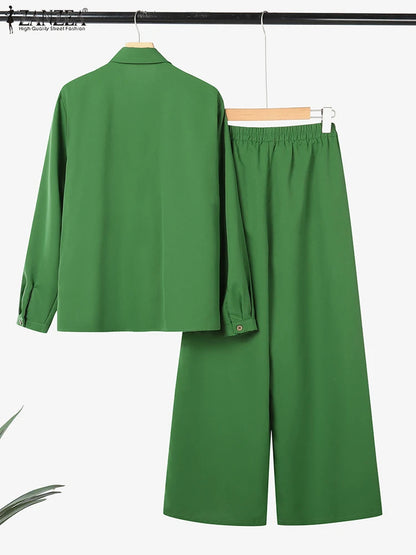 Fashion Autumn 2 Pieces Sets Women Outfits 2025 ZANZEA Casual Long Sleeve Shirt Trousers Suit Elegant Solid OL Work Tracksuits