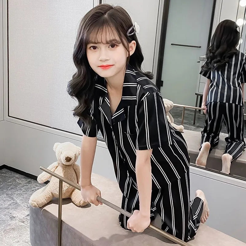 Girls Summer Ice Silk Pajamas Set Short Sleeve Princess Style Cooling Homewear for Kids