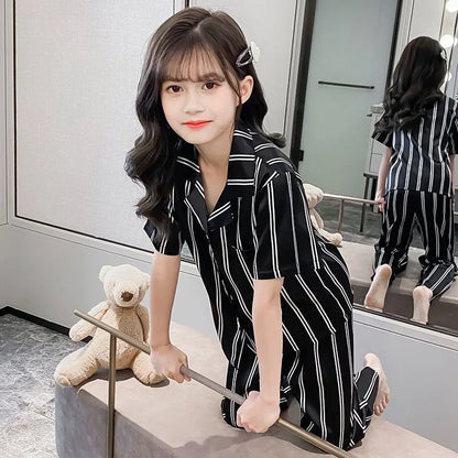 Girls Summer Ice Silk Pajamas Set Short Sleeve Princess Style Cooling Homewear for Kids