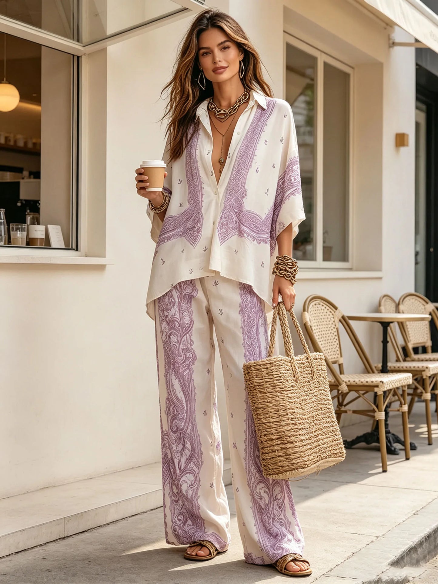 Summer Paisley Printing 2 Piece Set Women Elegant Lapel Long Sleeve Shirt Top & Wide Leg Pants Casual Loose Suit for Vacation