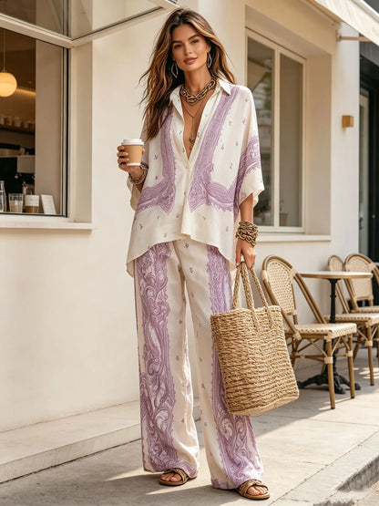 Summer Paisley Printing 2 Piece Set Women Elegant Lapel Long Sleeve Shirt Top & Wide Leg Pants Casual Loose Suit for Vacation