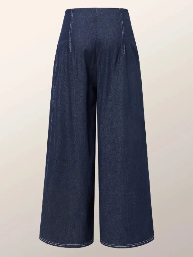 Missuoo Women's Denim Blue High Waist Pants 2025 Stylish Wide Leg Full Length Pleated Trousers Autumn Casual Streetwear Pants