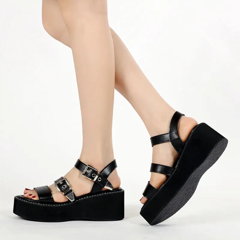 Metal Buckle Decoration Wedge Platform Sandals Women Sexy Open Toe Ankle-Wrap Roman Sandals for Girls Summer Beach Flat Sandals