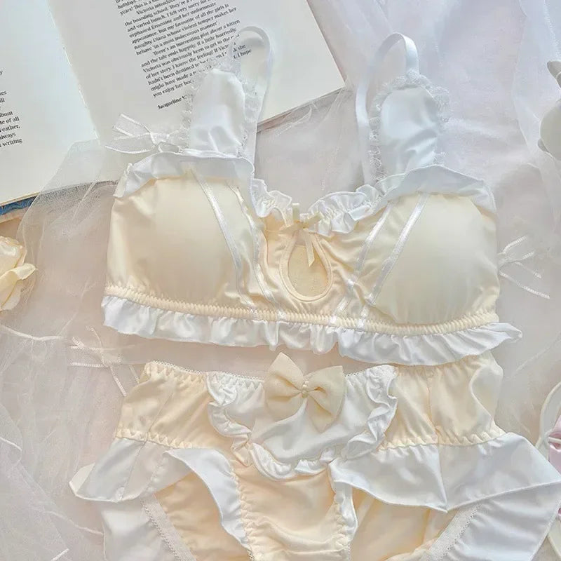 Japanese Cute Girl Lace Bra Set Hollow Sexy Sweet Rimless Underwear Bras for Women